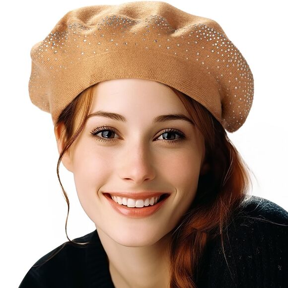 2259 Winter Warm Rhinestone Beret Tan Hats For Women 2 Layers Wool French main image 5